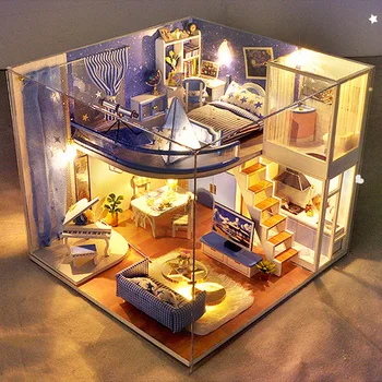 DIY El Yapımı bebek evi müzik + led ışık piyano villa Dubleks yapı ahşap minyatür dollhouse mobilya teleskop odası oyuncak