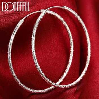 DOTEFFIL 925 Ayar Gümüş Fırçalama Mat Yuvarlak Daire 50mm Büyük Hoop Küpe Kadınlar için Avrupa moda takı Hediye Sıcak Satış