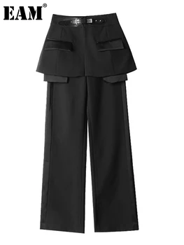 [EEM] 2023 Yeni Bahar Sonbahar Yüksek Bel siyah kuşak Bölünmüş Ortak Kişilik Gevşek Pantolon Kadın Pantolon Moda Gelgit JQ781