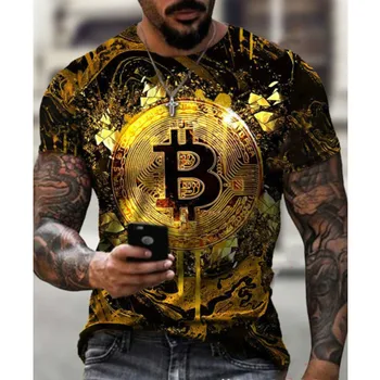 Erkek giyim Kısa Kollu Serin Tasarım Erkek Tees Tops homme Yaz 3D Bitcoin Baskı T-shirt Büyük Boy gömlek casual Yuvarlak Boyun