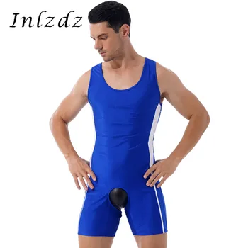 Erkek İç Çamaşırı Açık Crotch Bodysuit Crotchless Açık Popo Tulum Kıyafeti Renk Bloğu U Boyun Kolsuz Tek parça Seksi Kostüm