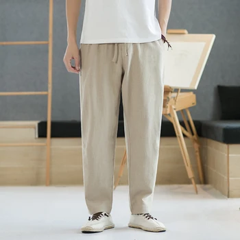 Erkek Pantolon Çin Tarzı Keten Pantolon gündelik erkek pantolonları Gevşek Düz pantolon Retro Pamuk Keten Geniş Bacak Pantolon Sonbahar Kış