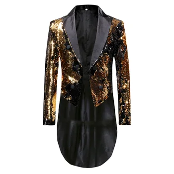 Erkek Siyah Altın Sequins Takım Elbise Ceket Gidon İnce Ceket Damat Düğün Tailcoat Şarkıcı Ev Sahibi Sihirbaz Payetli Blazers Kostüm