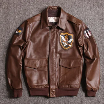 Erkek Sonbahar / Kış Yeni Hakiki İnek Derisi Kahverengi Deri Ceket A2 Hava Kuvvetleri Uçuş Takım Elbise Kısa Moda İnce Deri Ceket ceket