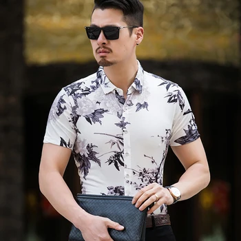 Erkek Yaz Moda Baskı Gömlek Casual Çiçek baskılı giysiler Kısa Kollu Elbise Gömlek
