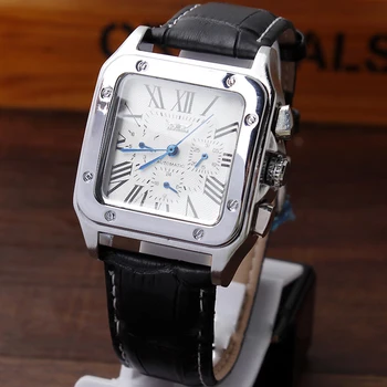 Erkekler Otomatik Mekanik İzle Basit Siyah Deri Beyaz Saatler Romen Rakamları Kendini Sarma Reloj Şık Erkek Heren Horloge