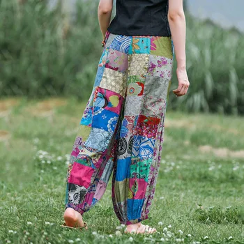 Etnik Tarzı kadın pantolonları Patchwork Dikiş İpli Bel Bloomers Tatil Seyahat Rahat Pantolon yazlık pantolonlar Kadın