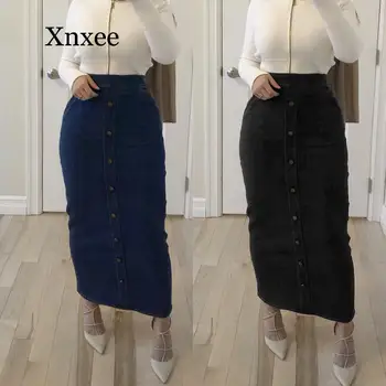 Faldas Mujer Moda Yüksek Bel Düğmesi Uzun Kot Etek Kadın Kot Kalem Bodycon Maxi Etekler Jupe Longue Femme Spodnica ofis