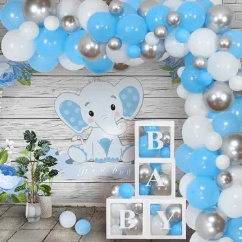 Fil Bebek Duş Parti Süslemeleri Balon Garland Kemer Kiti Mavi Gri Zemin Bebek Kutuları Çocuklar için Doğum Günü Partisi Malzemeleri