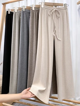 Fitaylor İlkbahar Sonbahar Yeni Kadın Rahat düz pantolon Kat uzunlukta Pantolon Kadın İpli Gevşek Örme Geniş Bacak Pantolon