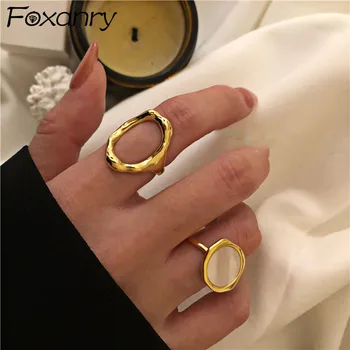 Foxanry Minimalist Altın Renk Yüzük Fransa Vintage Altın Kaplama Oval Kabuk Zarif Düğün Gelin Takı Hediyeler Kadınlar için