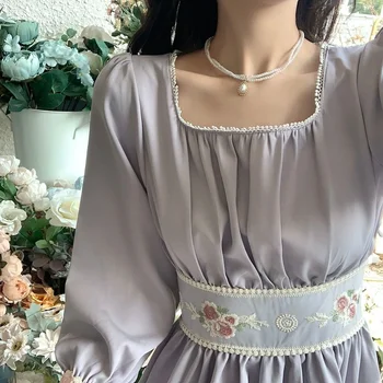 Fransız Zarif Elbise Bahar kadın Tatlı Çiçek Dikiş Elbise 2022 Mor Yüksek Bel Rahat Kore Vintage Parti Midi Elbise