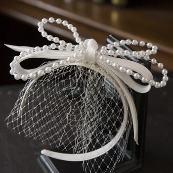 Fransız Zarif saç bandı İnci saten kurdele yüz Peçe hairband Gelin Headdress Düğün saç aksesuarları