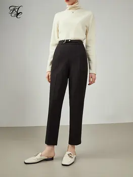 FSLE Kadın Kış Dokuz noktalı Kalın Yün Pantolon Siyah Düz bacak Takım Elbise Pantolon Kadın Bel Dekorasyon Bej Pantolon