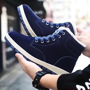 Fujeak Artı Boyutu 48 Ayakkabı Erkekler için Kışlık Botlar Açık Dantel-up dayanıklı Sneakers Peluş Ayak Bileği Kar Botları Erkek Siyah ve Mavi