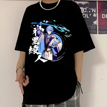 Genshin Darbe Kamisato Ayato Gömlek Yaz kısa kollu erkek gömlek Streetwear %100 % pamuklu tişört Erkek / kız Karikatür Grafik Tees