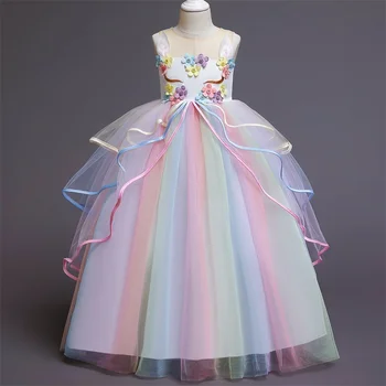 Genç Kız Doğum Günü Kostüm Unicorn Elbiseler Kızlar için Çiçek yaz elbisesi Gökkuşağı Katmanlı Örgü Elbise Prenses Çocuk Parti Elbise
