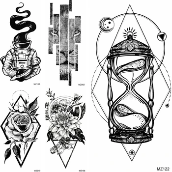 Geometrik Kum Saati Geçici Dövmeler Sticker Sahte Siyah Çiçek Astronot Dövmeler Su Geçirmez Nokta Desen Aslan Dövmeler Yetişkin İçin
