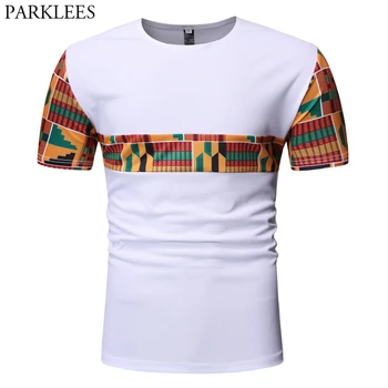 Geometrik Patchwork Beyaz Dashiki T - shirt Erkekler Kısa Kollu Slim Fit Erkek Afrika Giysi Hip Hop Hipster Africaine Tshirt Homme