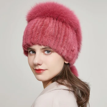 Gerçek Vizon Kürk Şapka Kış kadın Yüksek Kalite Moda Kalp Şeklinde Rhinestone Topu İle Sıcak Satış Bere Tarzı