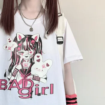 Goth Kadın T-Shirt Estetik Gevşek Kısa Kollu T Gömlek Siyah Grunge Streetwear Bayanlar Üstleri Tee Harajuku Gotik Y2k Giyim