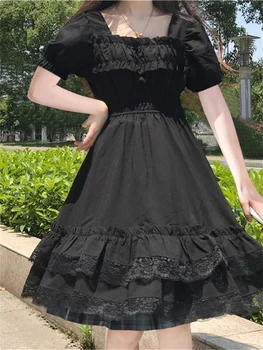 Gotik Lolita Alt Mini Elbise Siyah Kawaii Prenses Vestidos E Kız Ropa Fairycore Sevimli Dantel Ruffles Sundress Parti Elbiseler