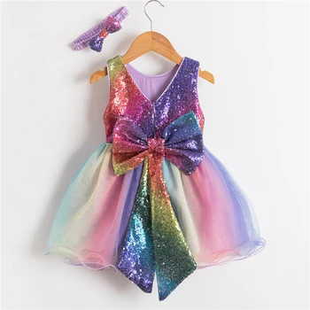 Gökkuşağı Renk Prenses Parti Elbise Kızlar İçin Büyük İlmek 1 Yaşındaki Doğum Günü Kostüm Lüks Shining Payetli Kız Frocks Elbise
