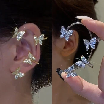 Gümüş Renk Kristal Kelebek Kulak Klipleri Olmayan Piercing Kulak Manşet Kadınlar İçin Köpüklü Zirkon Klip Küpe düğün takısı