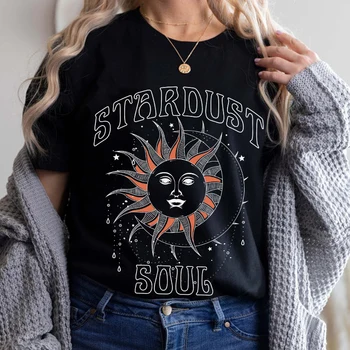 Güneş Ay Mistik Vintage T Shirt Boho Estetik Astroloji Kadın Tişörtleri Moda Pamuk Grafik Tees Hippi tişört Üst Kadın