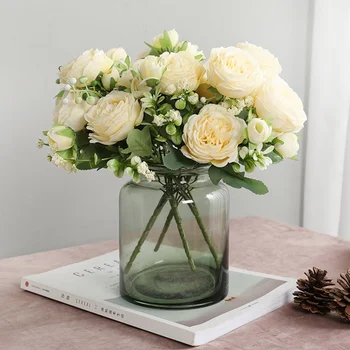 Güzel Gül Şakayık Yapay İpek Çiçekler Küçük Beyaz Buket Vazolar Ev Partisi için Kış Düğün Dekorasyon Ucuz Sahte Bitki