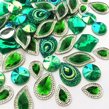 GÜZEL kalite Yeşil Akrilik Reçine dikiş yuvarlak damla düğmeler taşlar ve kristaller Diamante Rhinestones dikmek couture düğün için