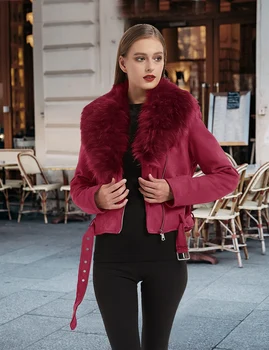 Gıolshon Kış Kadın Faux Süet Ceket Ayrılabilir Kürk Yaka Kemer Bayan Kalın Sıcak Deri Ceket Rahat Şık Moto Kırmızı Ceket