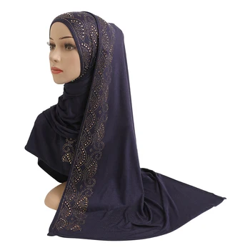 H202 pamuklu jarse uzun müslüman eşarbı rhinestones ile modal başörtüsü islami başörtüsü şal arapça dikdörtgen headwrap bayan şal