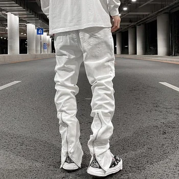 Harajuku Geri Fermuar Delik Yırtık Beyaz Kot Pantolon Erkek Düz Yıkanmış Retro Büyük Boy Streetwear Casual Denim Pantolon