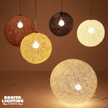 Hasır el yapımı Rattan modern asılı lambalar Aydınlatma gölge led kolye ışıkları Doğal twiner asma yuvarlak top
