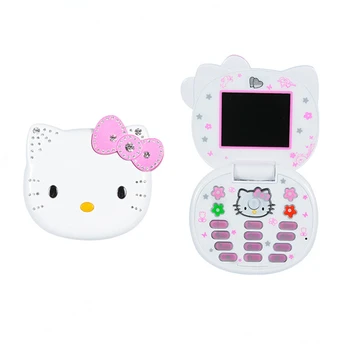 Hello Kitty Sevimli Mini Kız Cep Telefonu Flip Karikatür Hiçbir Kilit Çocuk Çift Kart Cep Telefonu Hediye Kedi Kafa Çanta Kordon