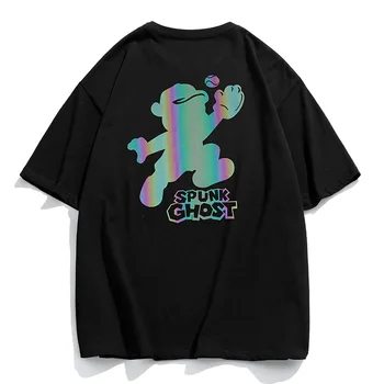 Hip Hop Gökkuşağı T Shirt Yansıtıcı Karikatür Cesaret Hayalet Tees Tops Büyük Boy günlük t-Shirt Streetwear Pamuk Yarım Kollu Elbise