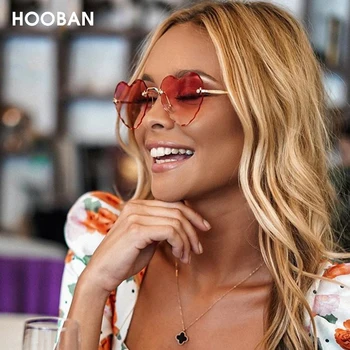 HOOBAN Moda Kalp Şekli Kadın Güneş Gözlüğü Marka Tasarımcısı Güzel Çerçevesiz güneş gözlüğü Kadın Vintage Pembe Bayanlar Shades