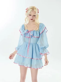 HOUZHOU Kawaii Sevimli Şifon Mini Elbise Kadın Fırfır Patchwork Kare Yaka Yay Dantel Up Fairycore Seksi Uzun Kollu Elbise Parti
