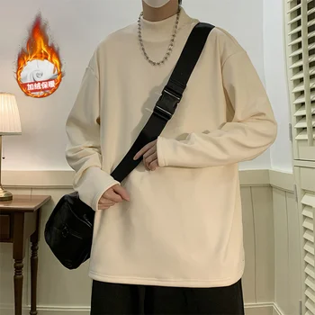Hybskr Polar Kalınlaşmak erkek Mock Boyun T-shirt Uzun Kollu Sıcak Sonbahar Kış Tees Adam Gevşek Düz Renk Rahat Erkek Casual Tops