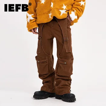 IEFB Kişiselleştirilmiş Moda erkek Çok Cep Kargo pantolon İpli Düz Kot 2023 Benzersiz Tasarım Düz Renk Tulum 9A6792