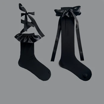 Ilkbahar Yaz Kawaii Kız Orta Tüp Çorap Dantel Kravat Çorap Kadınlar için Sevimli Yay Çorap kadın Siyah Beyaz Kişilik Kadın çorap