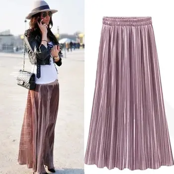 Ilkbahar Yaz Pilili Etek Bayan Vintage Yüksek Bel Etek Katı Uzun Etekler Yeni Moda Metalik Etek Kadın