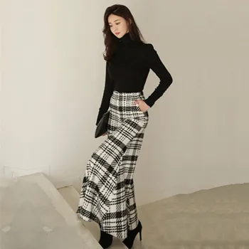 Ince Ofis Kore Ekose Pantolon Yüksek Bel Pantolon Kapriler Moda Kadın Rahat Geniş Bacak Pantolon Kadın Sonbahar Kış