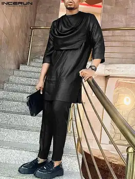 INCERUN 2022 Müslüman Tarzı Yeni erkek Deri Salıncak Yaka Setleri Düz Renk Altı Kollu Yan çatal Üstleri Pantolon Takım Elbise 2 adet S-5XL