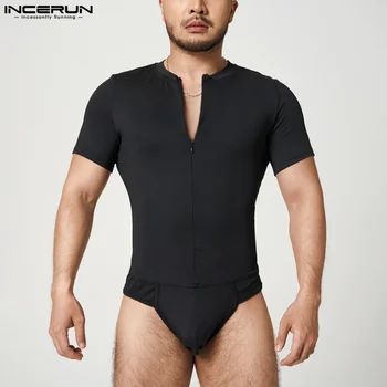 INCERUN Erkek Bodysuits Düz Renk V Boyun Kısa Kollu Fermuar Rahat Pijama İç Çamaşırı Tulum 2022 Seksi Eğlence Erkek Bodysuit S-5XL