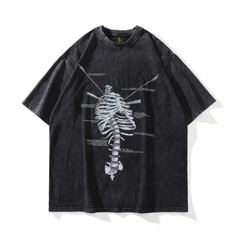 Iskelet Baskı Vintage Boy Unisex Tshirt Grunge Yıkanmış Goth Erkek T Shirt Harajuku Streetwear Kısa Kollu Y2k Kadın Üstleri Tee