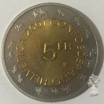 Isviçre 2001 5 Frangı Bimetal hatıra parası 100 % Gerçek Hakiki Orijinal Sikke, Koleksiyon Paraları