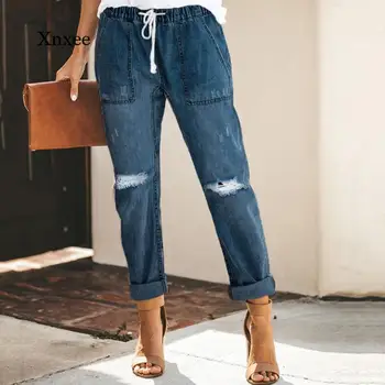 İpli Elastik Bel Kot Pantolon Moda Sıkıntılı Diz Yırtık Kadın Yaz Delik Gevşek Cepler Uzun Kalem Kot Pantolon