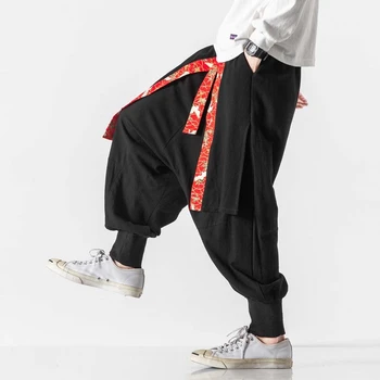 Japon Moda Rahat Pantolon Pantolon Artı Boyutu Keten Harlem Vinç Kimono Erkekler Samurai Kostüm Vintage Gevşek Kravat Ayak İpli